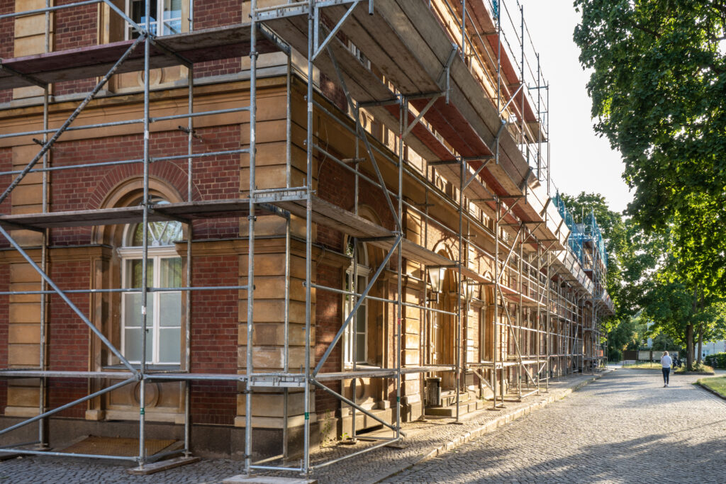 construction scaffolding of a building under renovation.